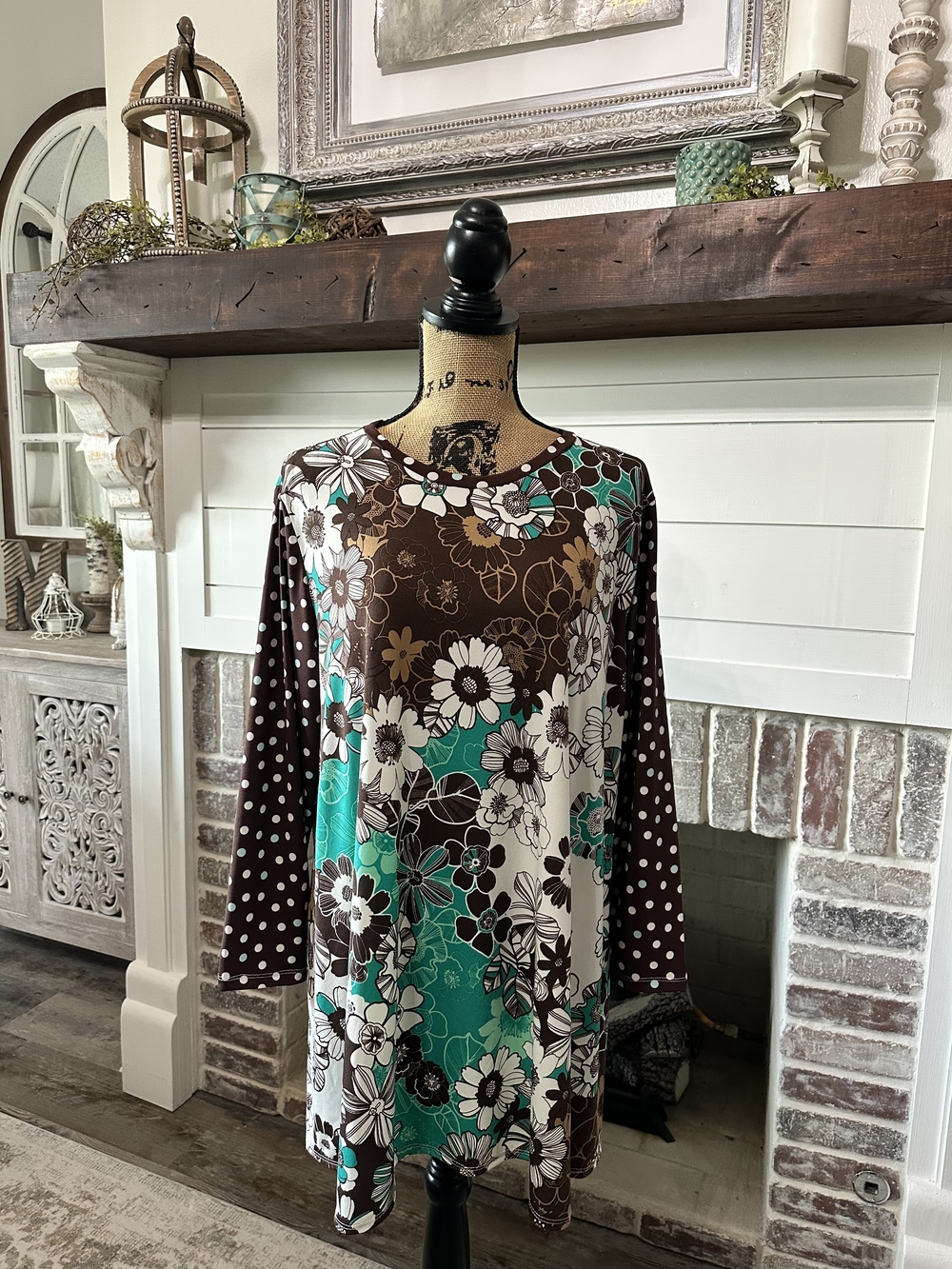 **On HOLD**Brown, Teal & White Floral Tunic Top